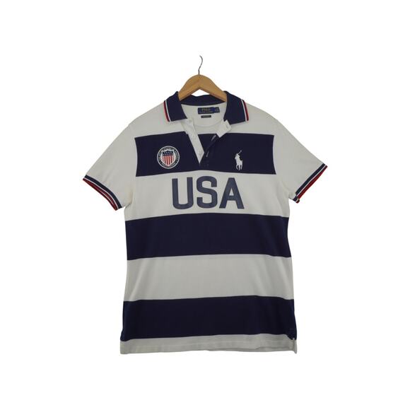 Polo Ralph Lauren USA Rugby Polo Shirt Custom Slim Fit Navy White Striped Men's - Picture 1 of 6